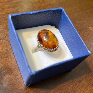 Vintage stereo silver natural amber ring sz 6.75